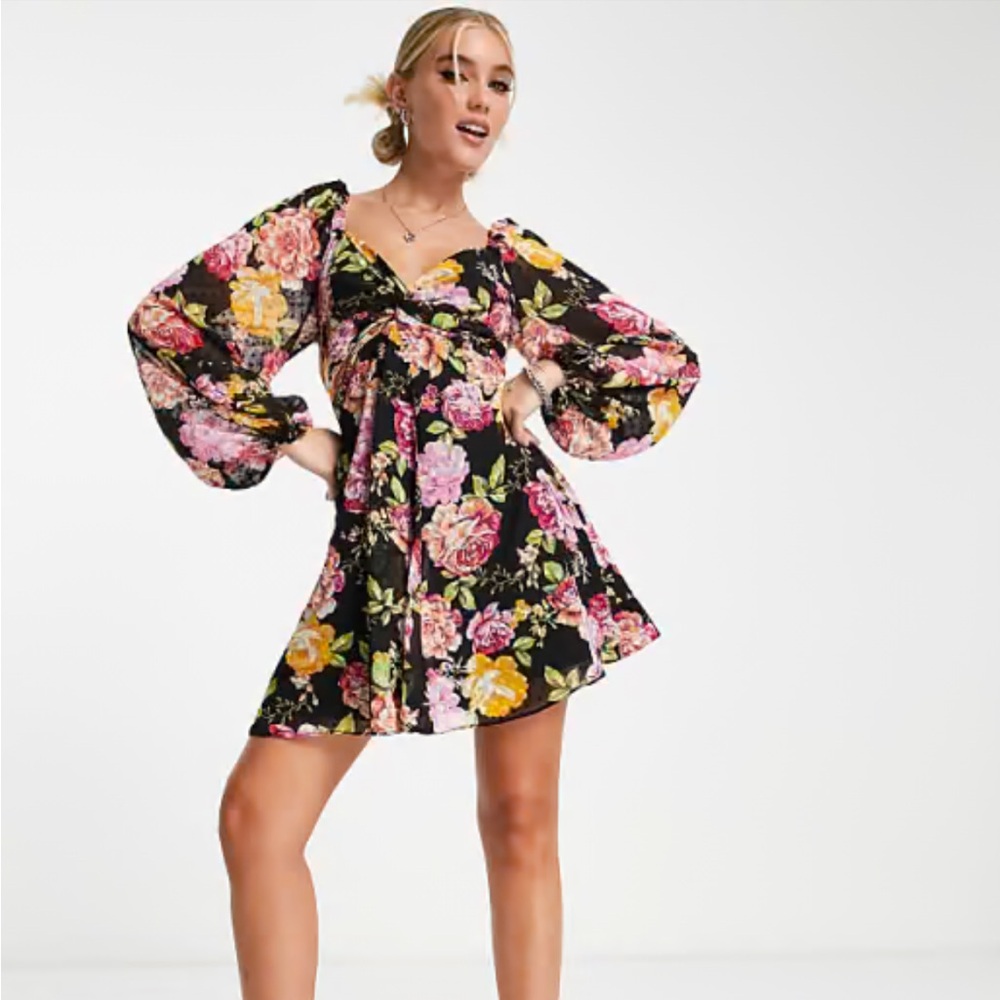 ASOS Black Floral Dress with Pink and Yellow Accents